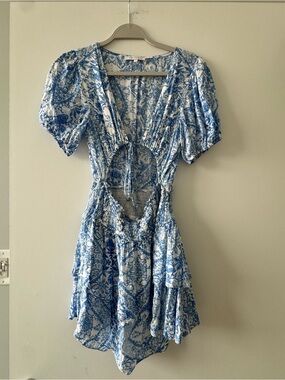 Olivaceous Blue and White Floral Tie-Front Cutout Mini Dress